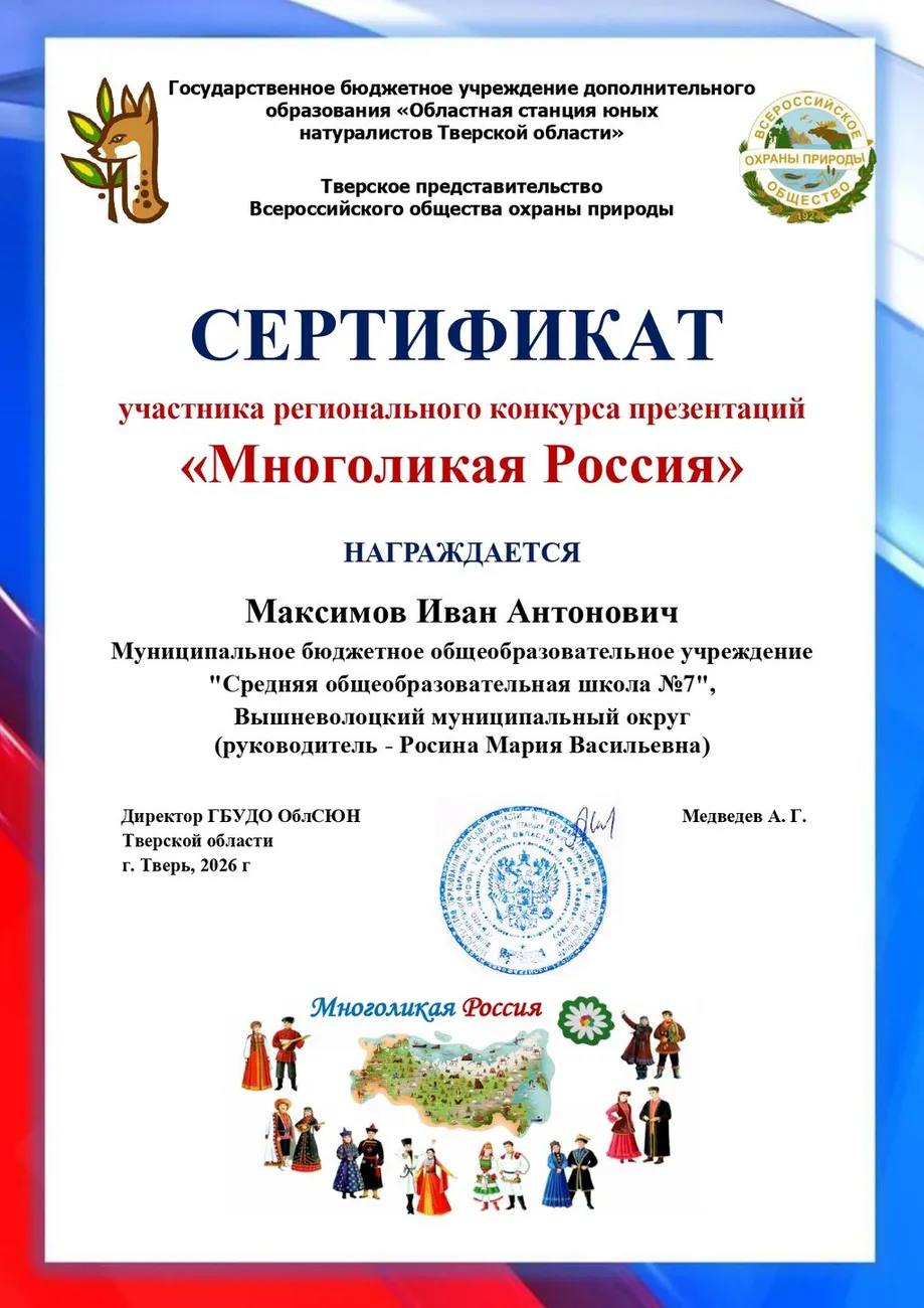 Сертификат участника регионального конкурса презентаций "Многоликая Россия" Максимов Иван 2026