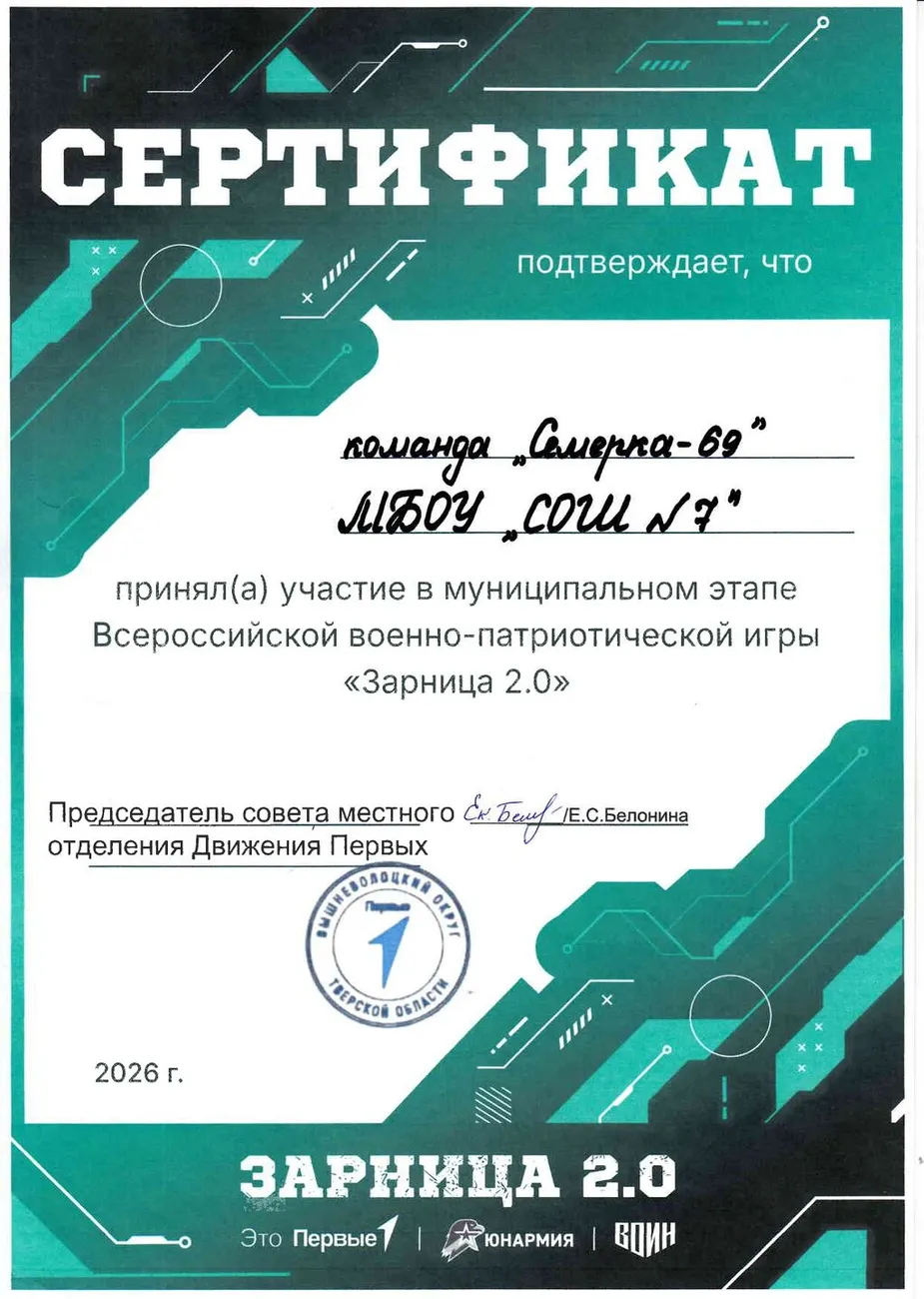Сертификат участника в муниципальном этапе Всероссийской военно-патриотической игры "Зарница 2.0" 2026 год