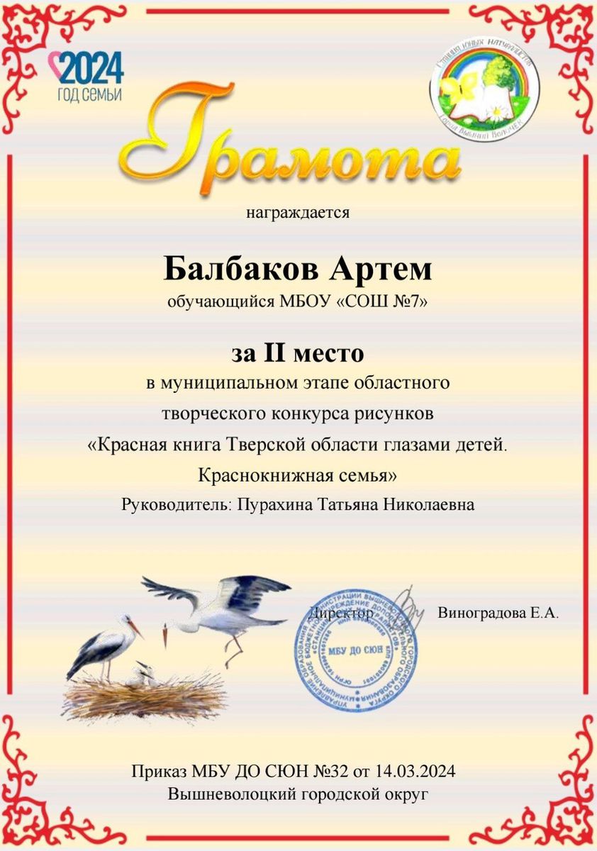 Грамота за 2 место в муниципальном этапе областного творческого конкурса рисунков Балбаков Артём 2024
