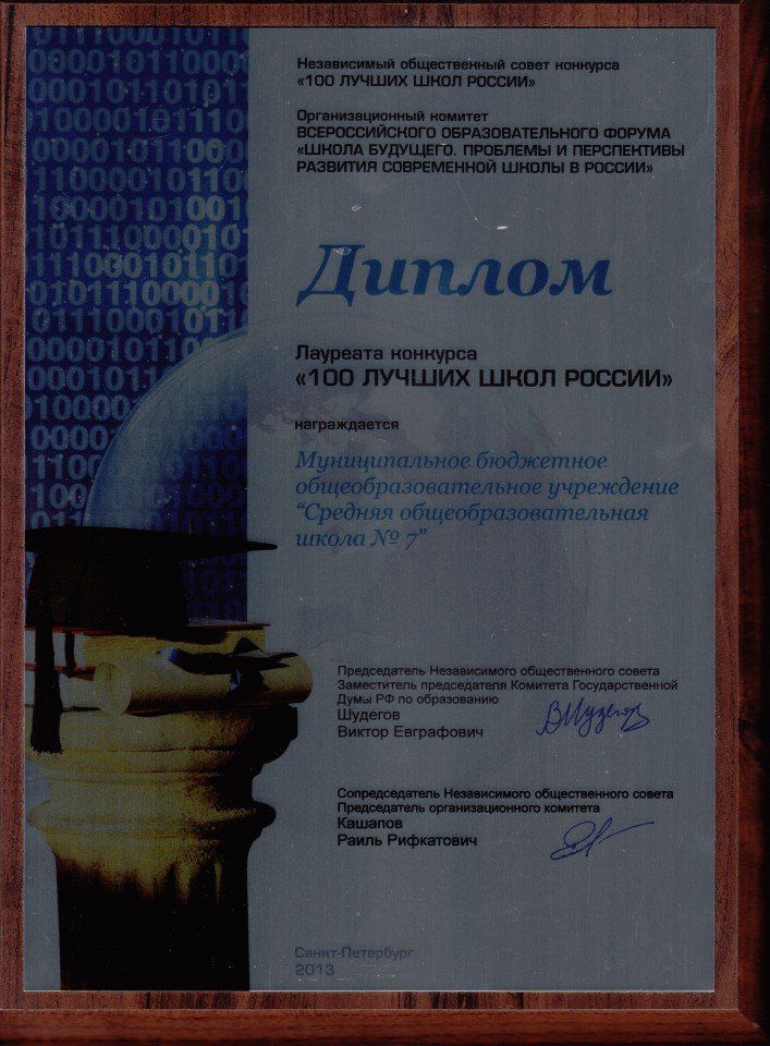 Диплом лауреата конкурса 100 лучших школ России 2013