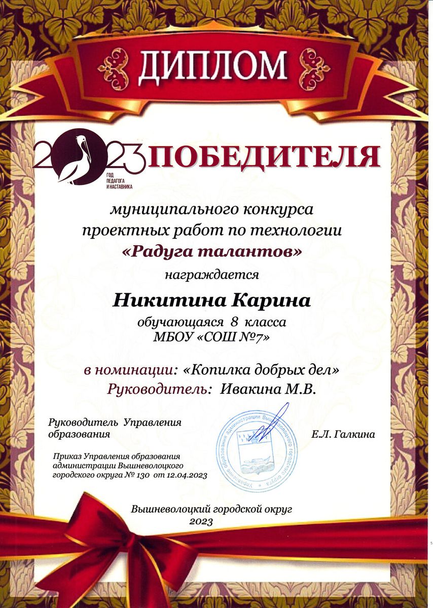 Диплом победителя Муниципального конкурса проектных работ по технологии "Радуга талантов" - Никитина Карина 8 б класс апрель 2023