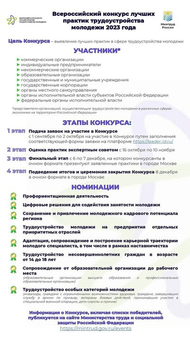 Условия Всероссийского конкурса лучших практик трудоустройства молодежи в 2023 году